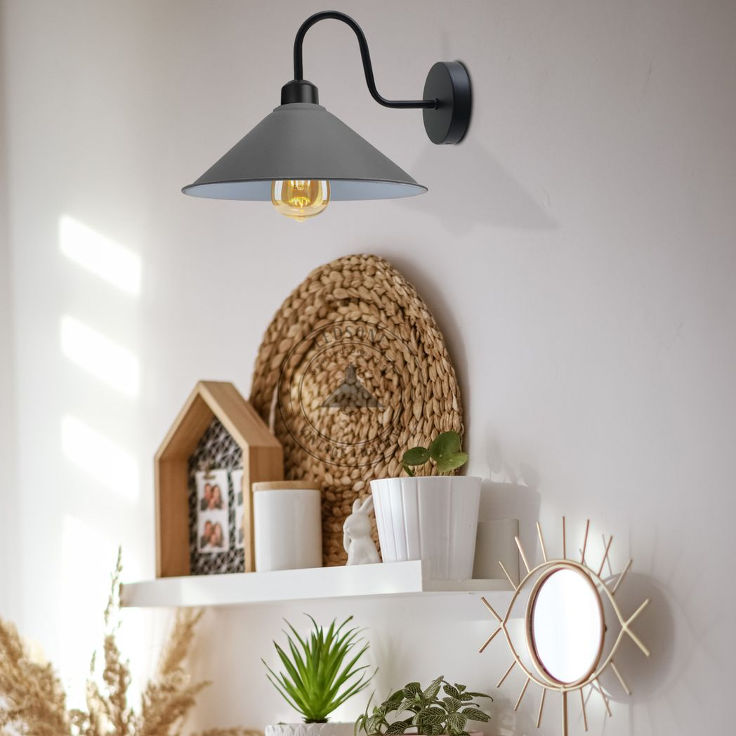 Home Symphony Premium Grey Wall Lamp Cone Shade Swan Neck For E27 Socket on wall above decor shelf.