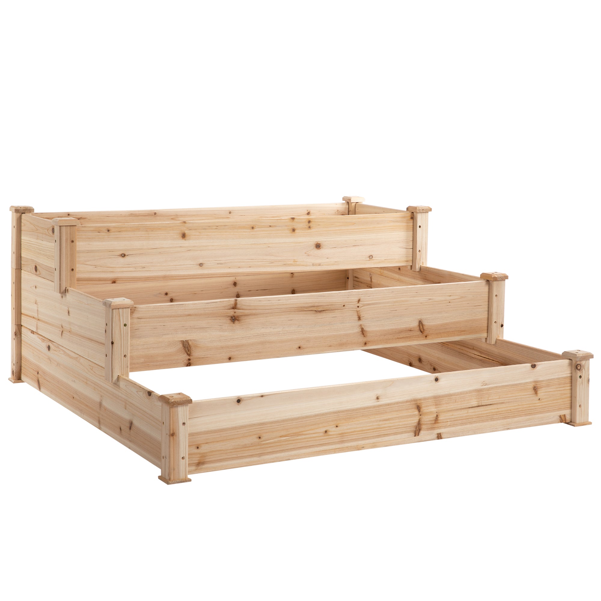 Premium three-tier pine raised bed planter, 124x124x56cm, with stepped tiers for easy viewing.