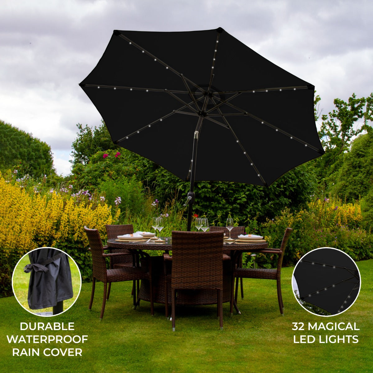 Black Parasol 2.7m LED Tilt Garden