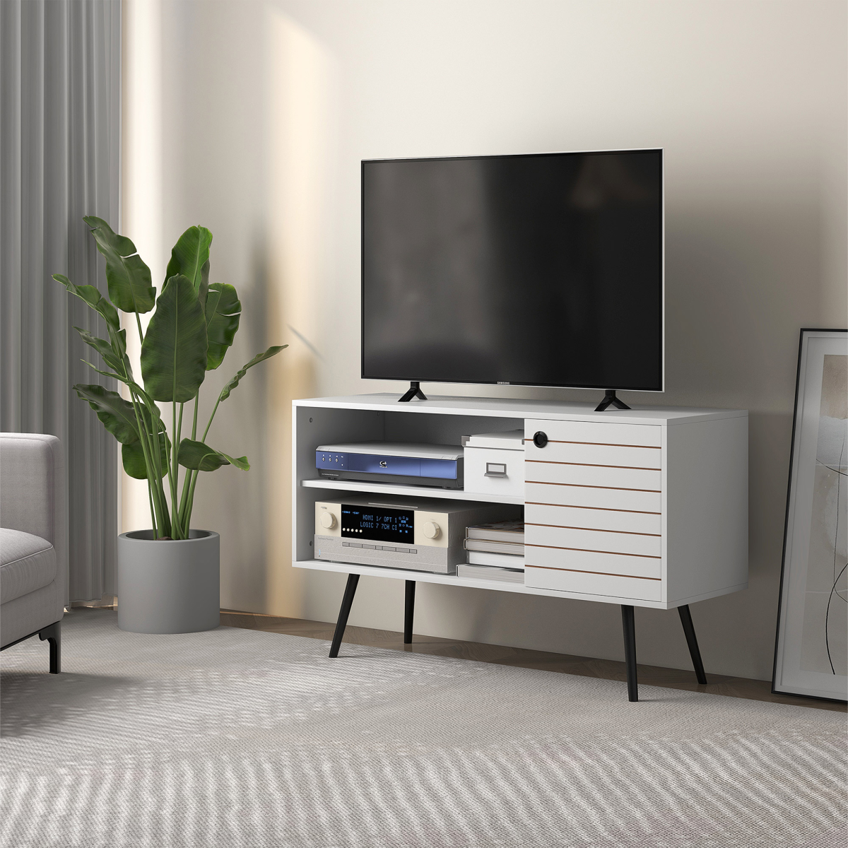 HOMCOM 50in white TV unit with two open shelves, side cabinet, cable management hole, slim black legs, holds a TV.