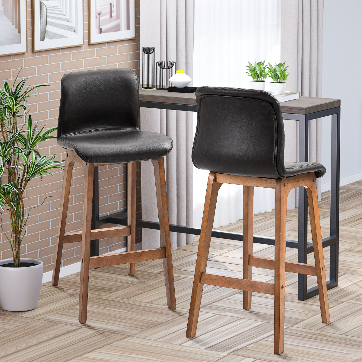 2 Pcs 93cm Faux Leather Bar Stools Wooden Frame Footrest Padding High Back Brown - HOMCOM - Home Symphony