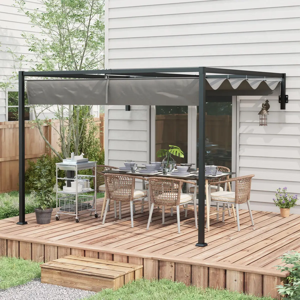 Outsunny Outsunny 3 x 4m Wall Mounted Pergola with Retractable Sun Shade Canopy - Gazebos