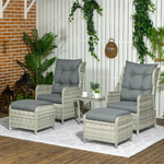 Outsunny Recliner Rattan Sun Lounger Set 5-Piece Cushions And Two-Tier Table Mixed Grey Outdoor Patio by Outsunny