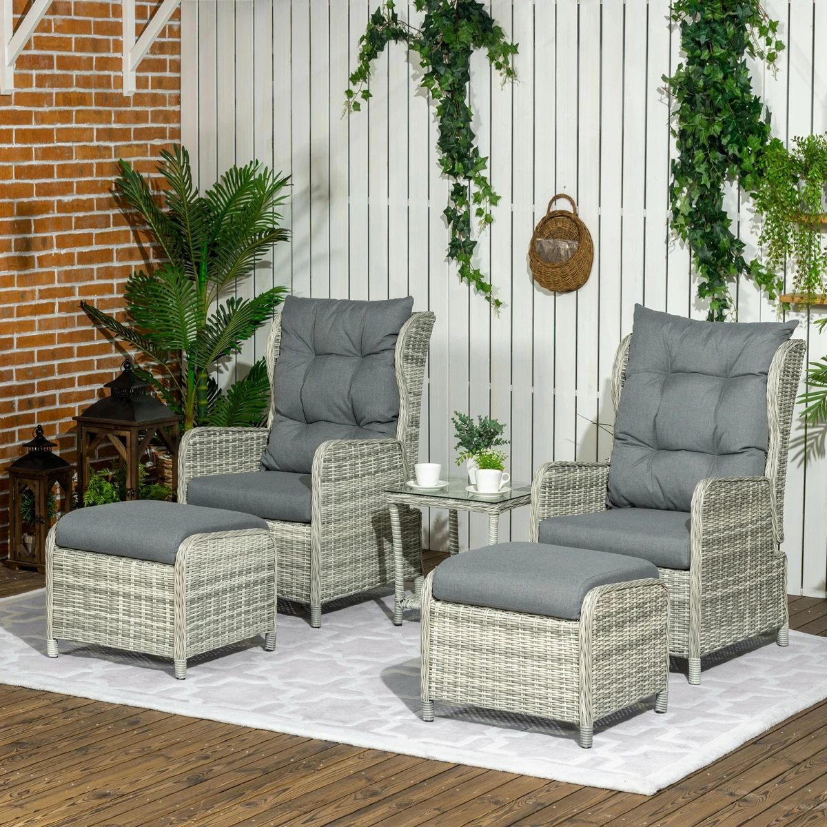 Outsunny Recliner Rattan Sun Lounger Set 5-Piece Cushions And Two-Tier Table Mixed Grey Outdoor Patio by Outsunny