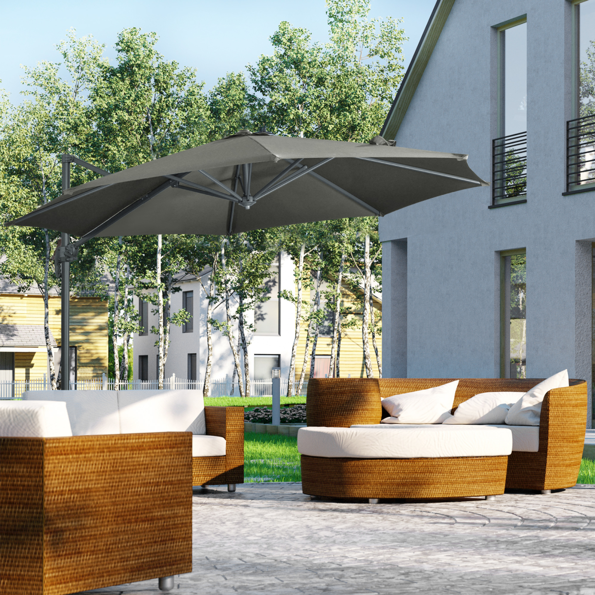Outsunny 3 x 3(m) Cantilever Parasol Garden Umbrella with Cross Base Grey - Parasol
