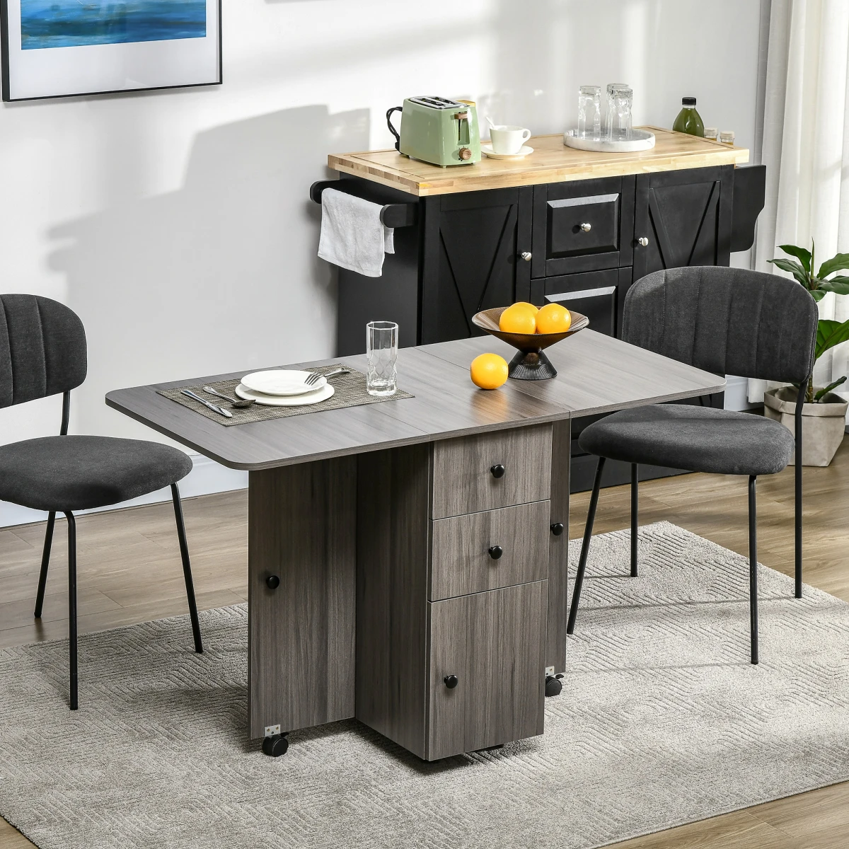 HOMCOM Drop Leaf Table Grey Wood Compact Drawers Apartments by HOMCOM