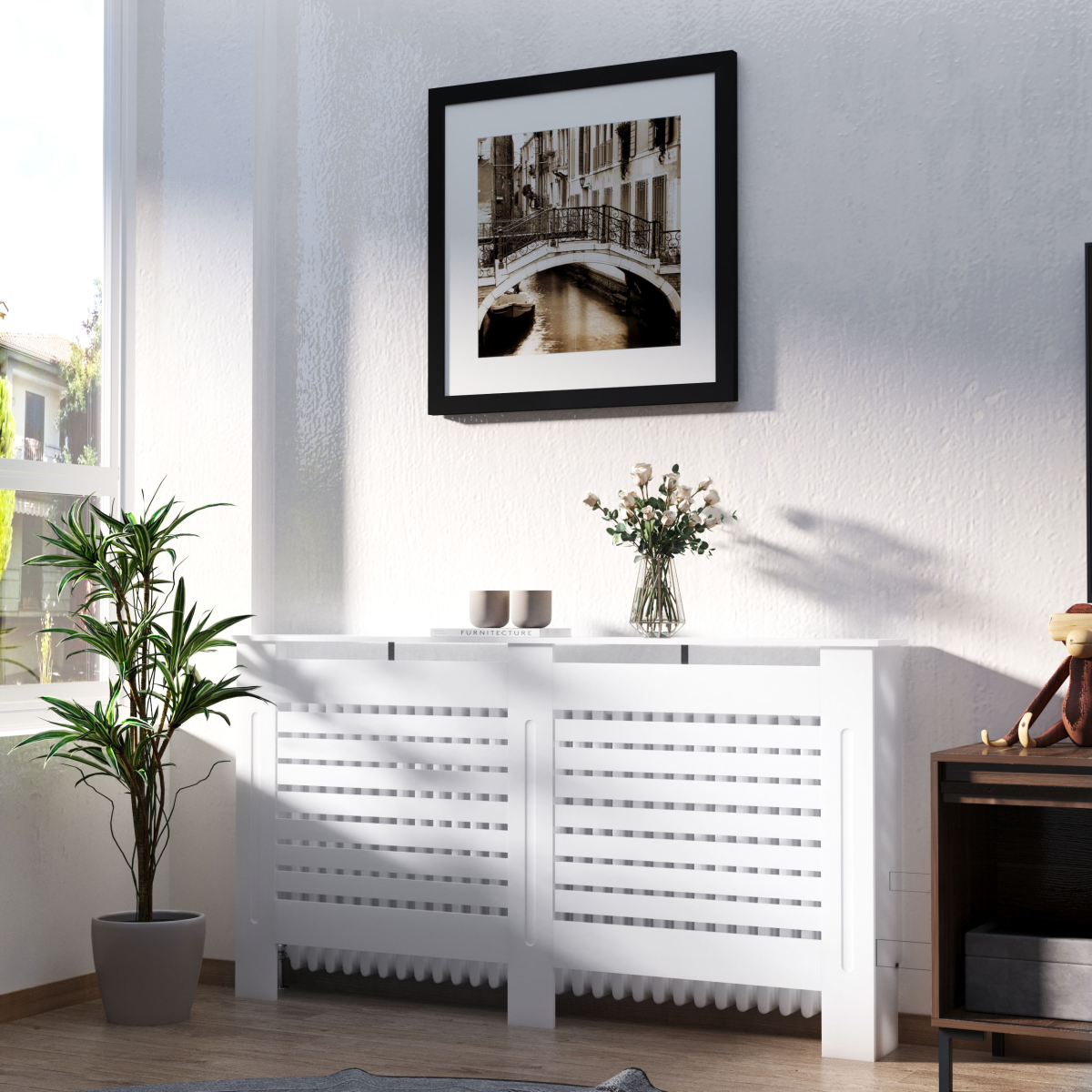 White MDF Radiator Cover 152cm Slatted Safe Home