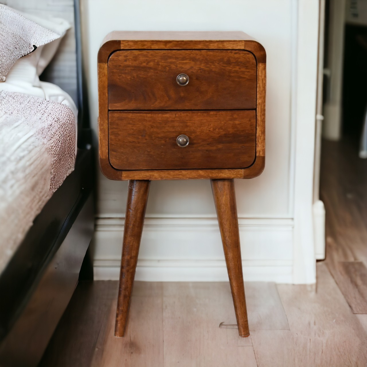 Artisan Solid Mango Wood Mini Chestnut Bedside Table With Curved Edges For Small Spaces - Artisan Furniture - Home Symphony