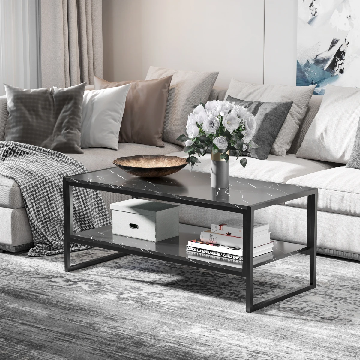 HOMCOM Premium Coffee Table 2 Tier Laminate Marble Home - Coffee Table