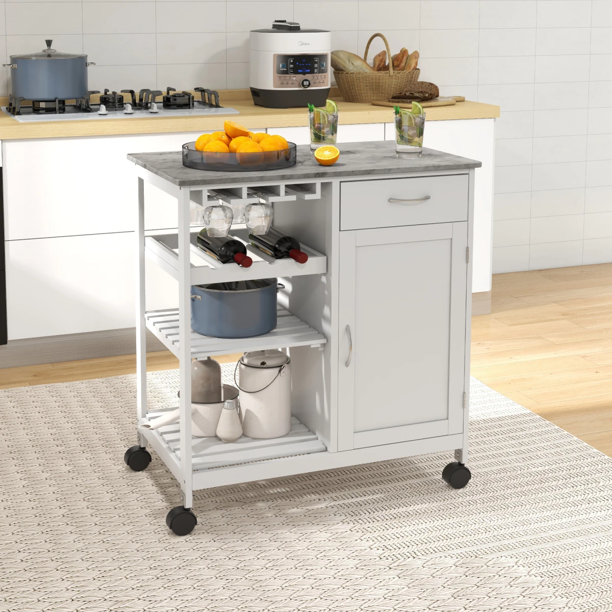 HOMCOM Kitchen Trolley Utility Cart on Wheels with Wine Rack, Drawer, Open Shelf White - Wine Rack