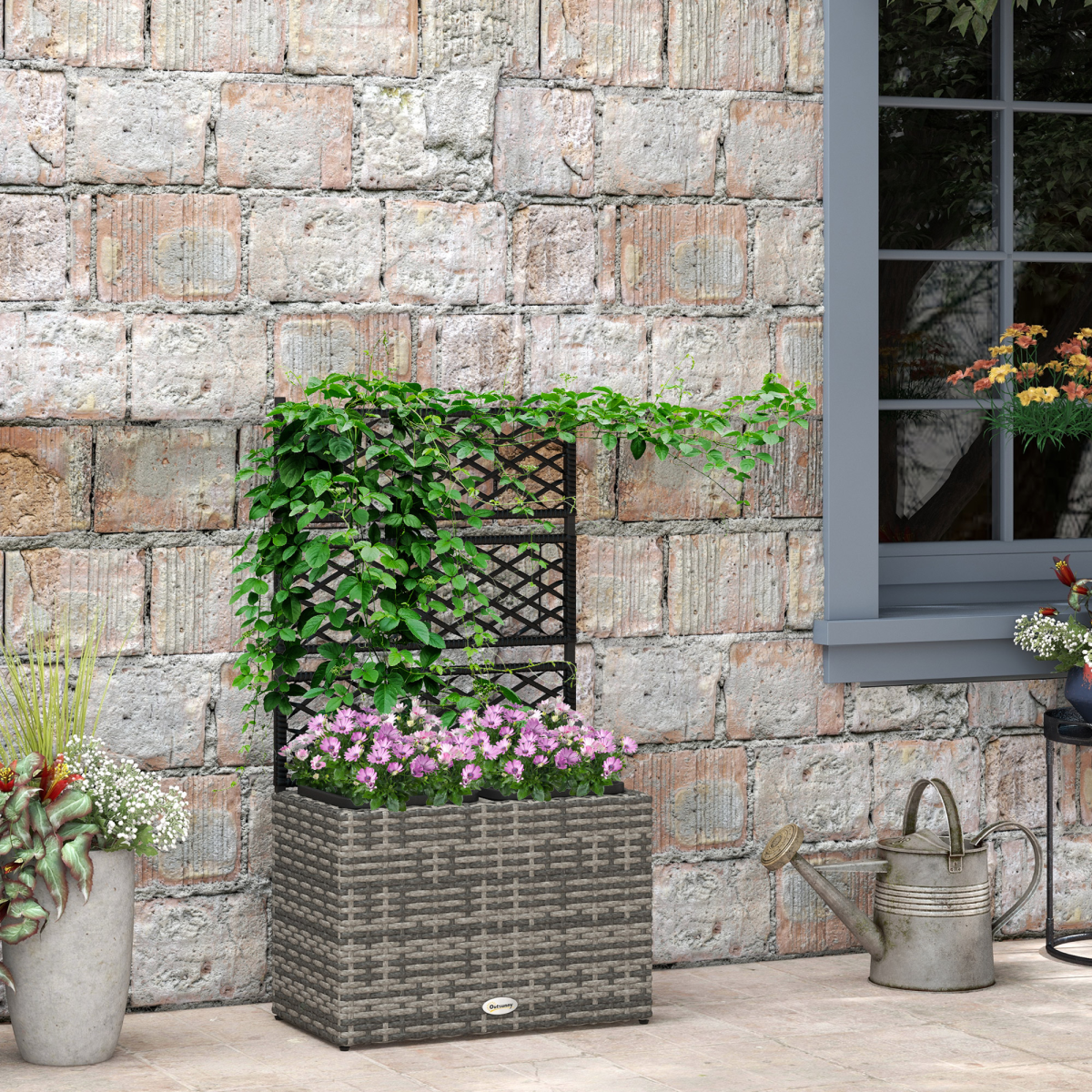 Outsunny planter box with trellis, 57x30x107 cm, metal frame with plastic wicker, climbing vine