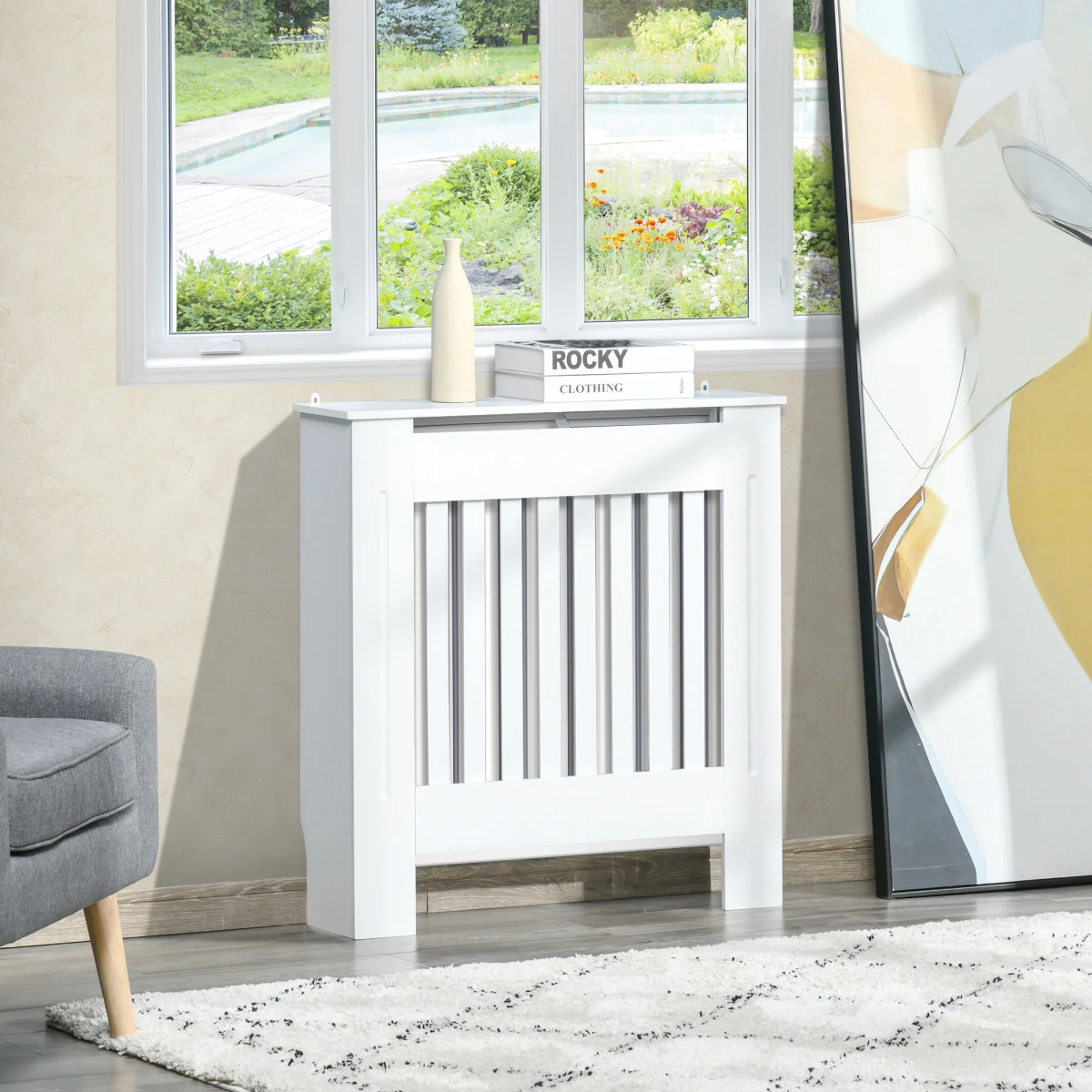 HOMCOM White Painted Radiator Cover Cabinet Standard Size Slatted Vent Top Shelf Wall Mount Home Office - Radiator