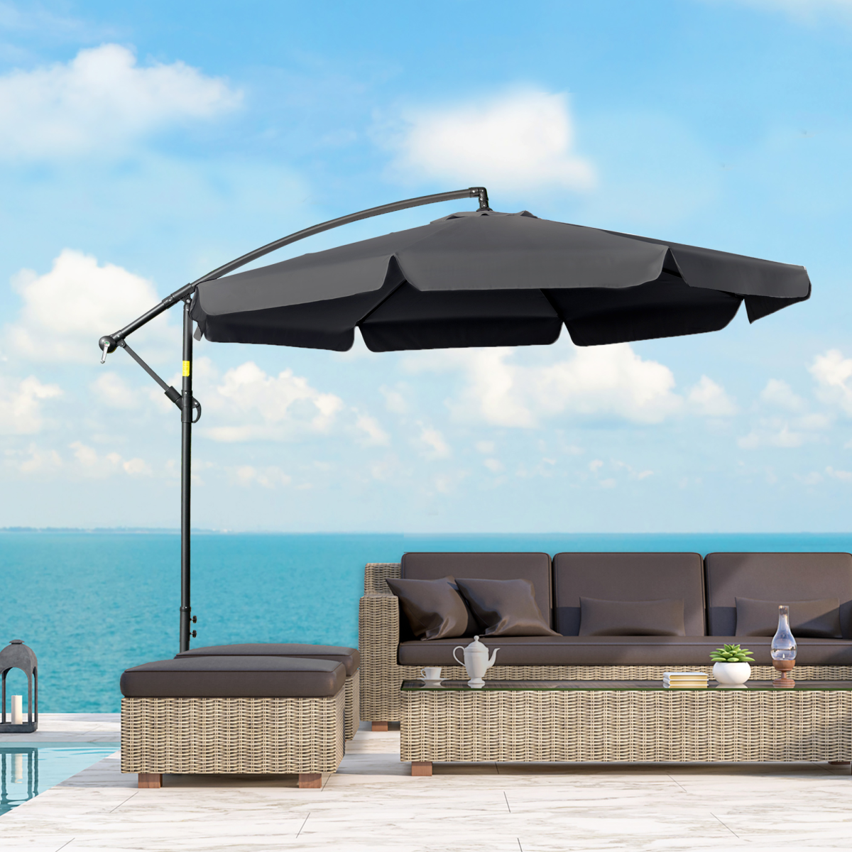 Outsunny 2.7m Garden Cantilever Banana Parasol Sun Shade w/ Crank, Black - Parasol