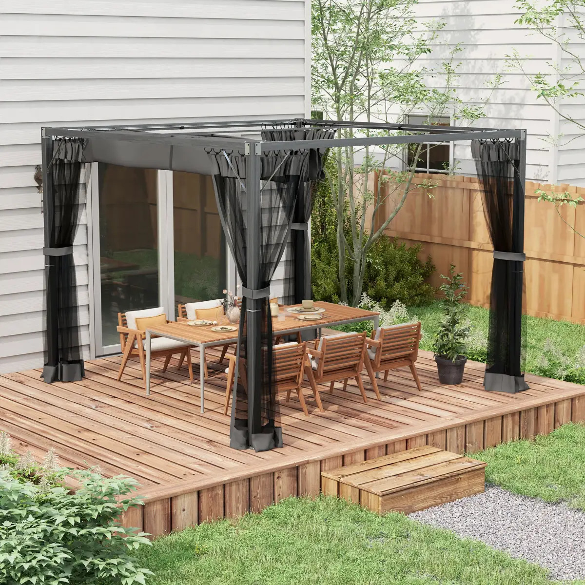 Outsunny Outsunny 3 x 3 m Pergola with Retractable Roof and Netting, Dark Grey - Gazebos