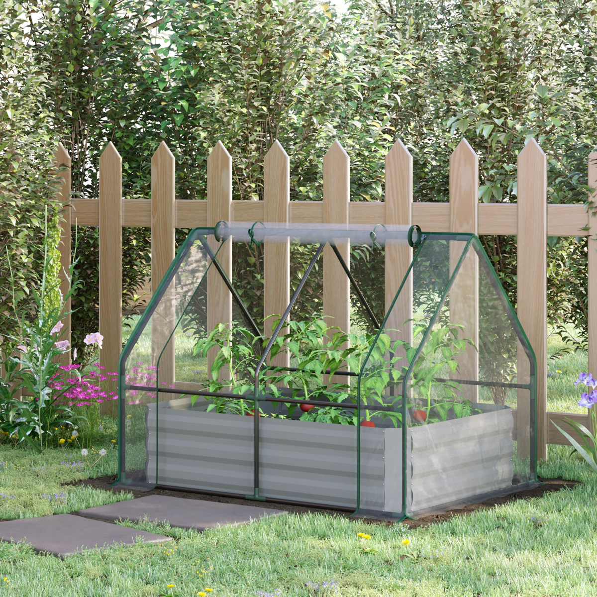 Premium steel raised garden box with dual-use greenhouse for bed and glasshouse in a backyard.