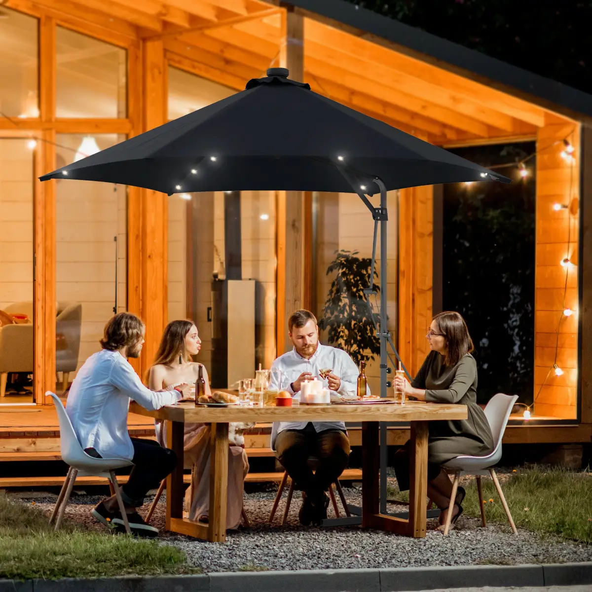 Outsunny Outsunny 3(m) Cantilever Garden Parasol Umbrella W/ Solar LED and Cover, Black - Parasol