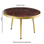Dark Gold Round Coffee Table With Geometric Inlay In Solid Wood And Metal Legs For Modern Living Rooms by Indian Hub