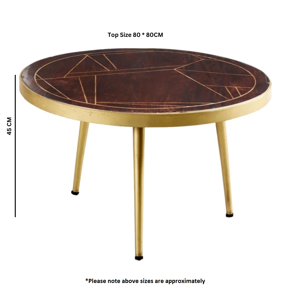 Dark Gold Round Coffee Table With Geometric Inlay In Solid Wood And Metal Legs For Modern Living Rooms by Indian Hub