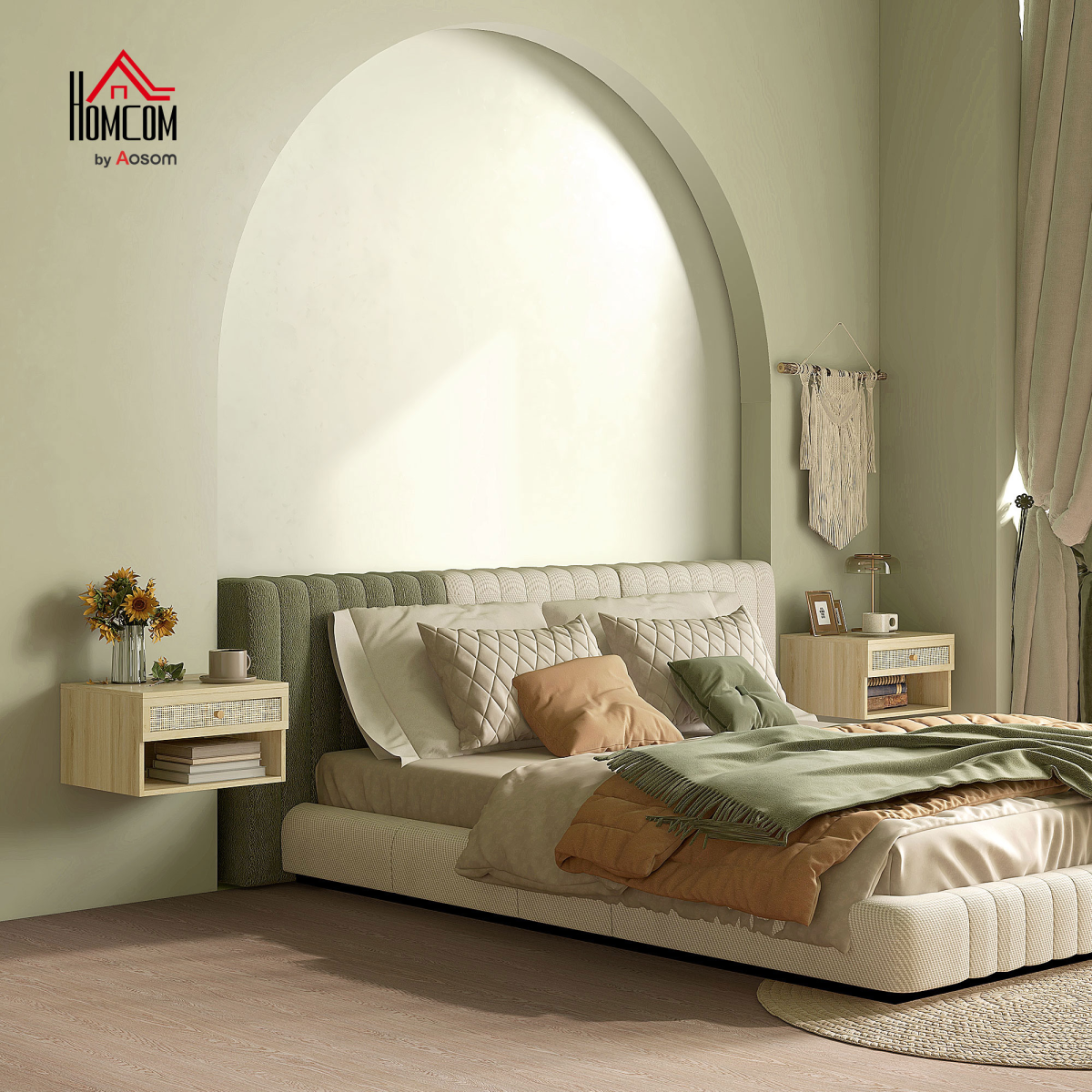 Premium Floating Nightstands Two Pack Compact Size With Rattan Drawer And Open Shelf Bedroom Storage - HOMCOM - Home Symphony