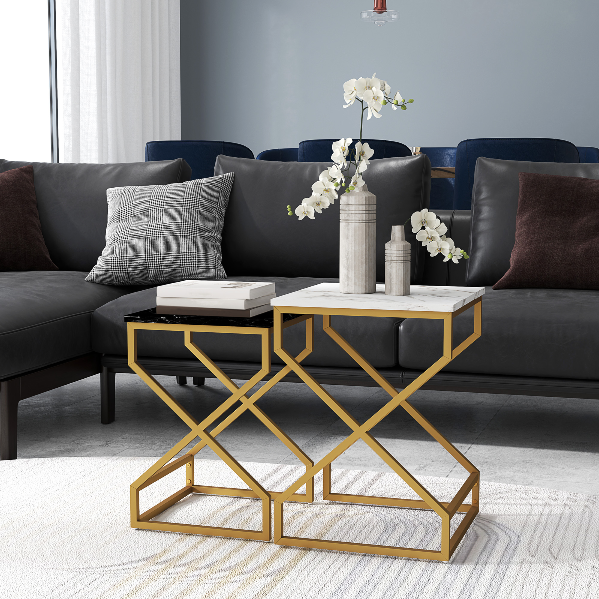 HOMCOM Nest Of Tables Two Piece Set Marble Effect Tops Gold Tone Steel Frame For Living Room - HOMCOM - Home Symphony