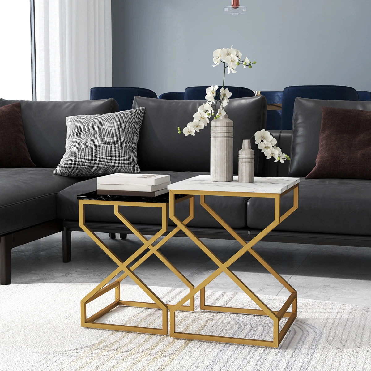 HOMCOM Nest Of Tables Two Piece Set Marble Effect Tops Gold Tone Steel Frame For Living Room by HOMCOM