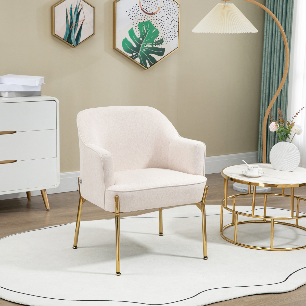 Home Symphony Premium Fabric Armchair Tub Chair Gold Legs For Living Room in cream upholstery with gold legs.