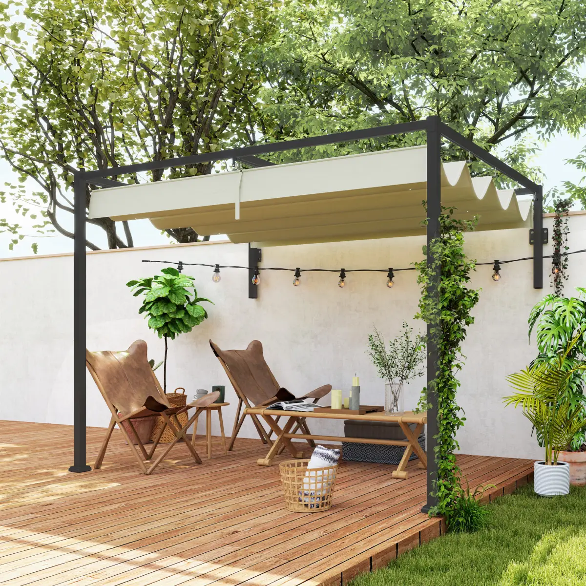Outsunny Outsunny 2 x 3(m) Wall Mounted Pergola with Retractable Roof, Khaki - Gazebos