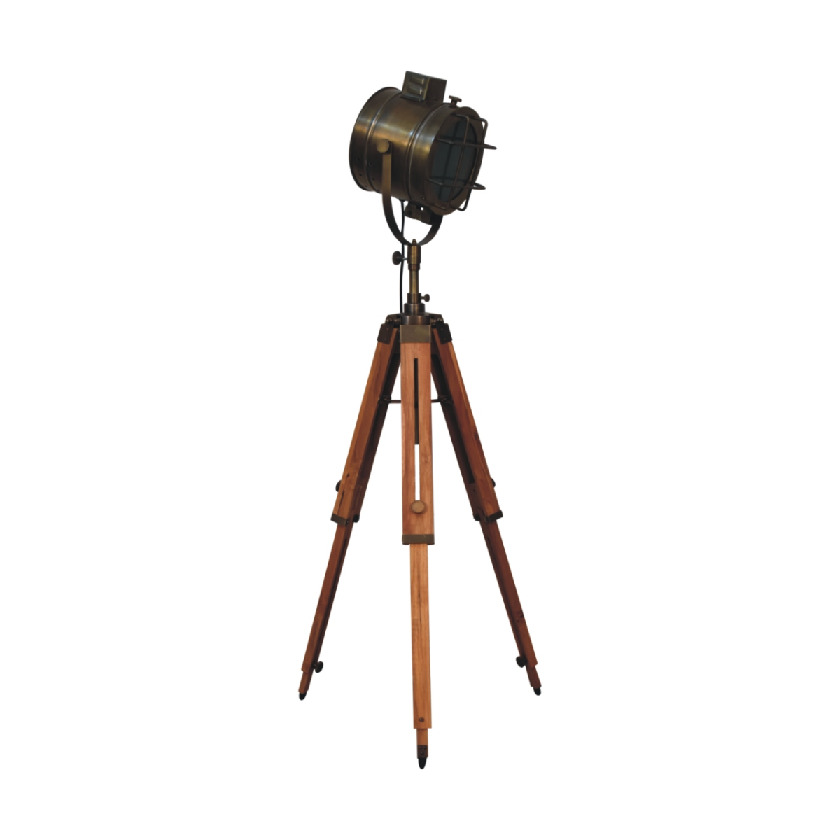 Stylish Artisan Furniture Home Decor Accessories - Caged Brass Spotlight Floor Lamp with natural wood tripod legs.