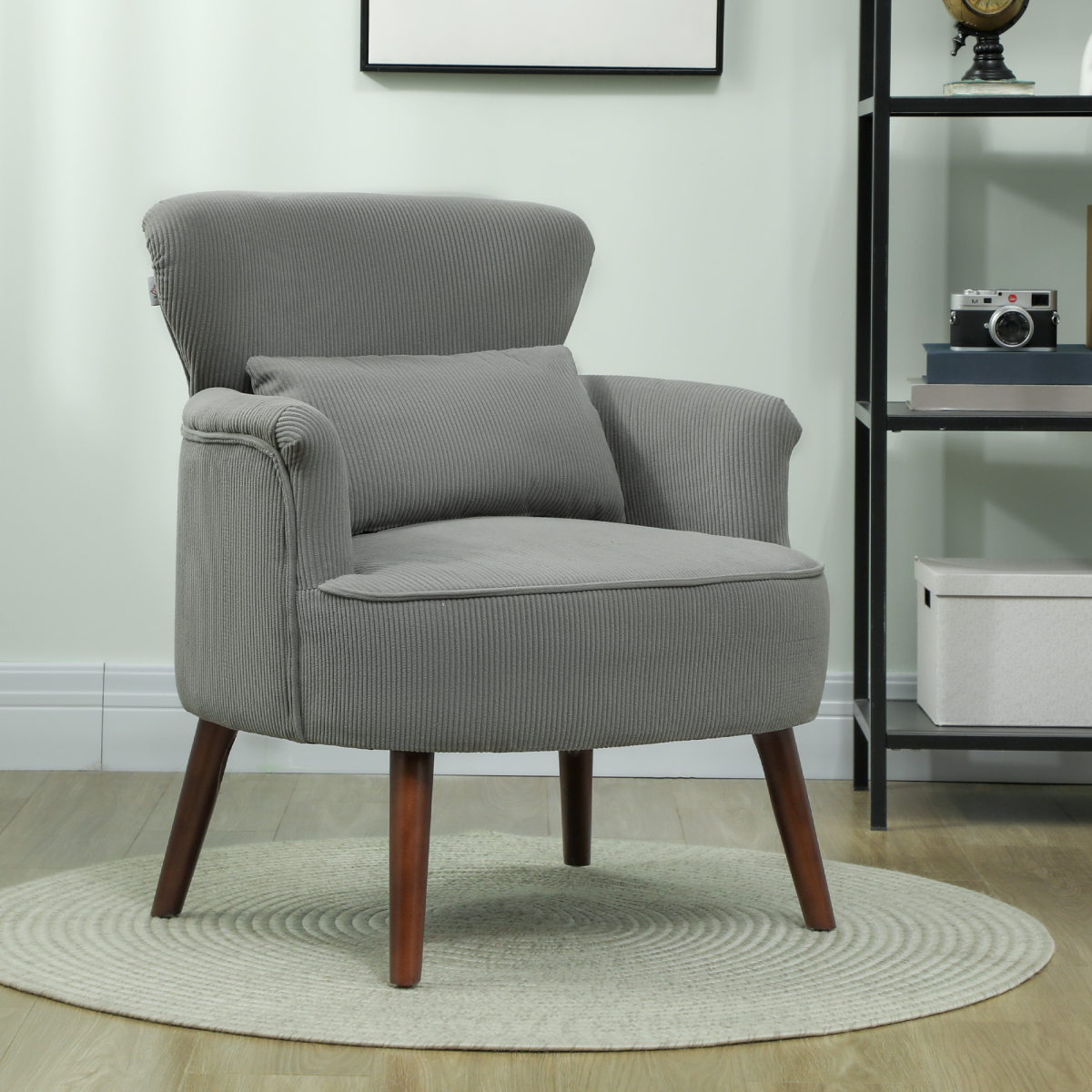 HOMCOM wingback armchair in gray corduroy with 18 cm thick seat cushion and extra pillow in living room.