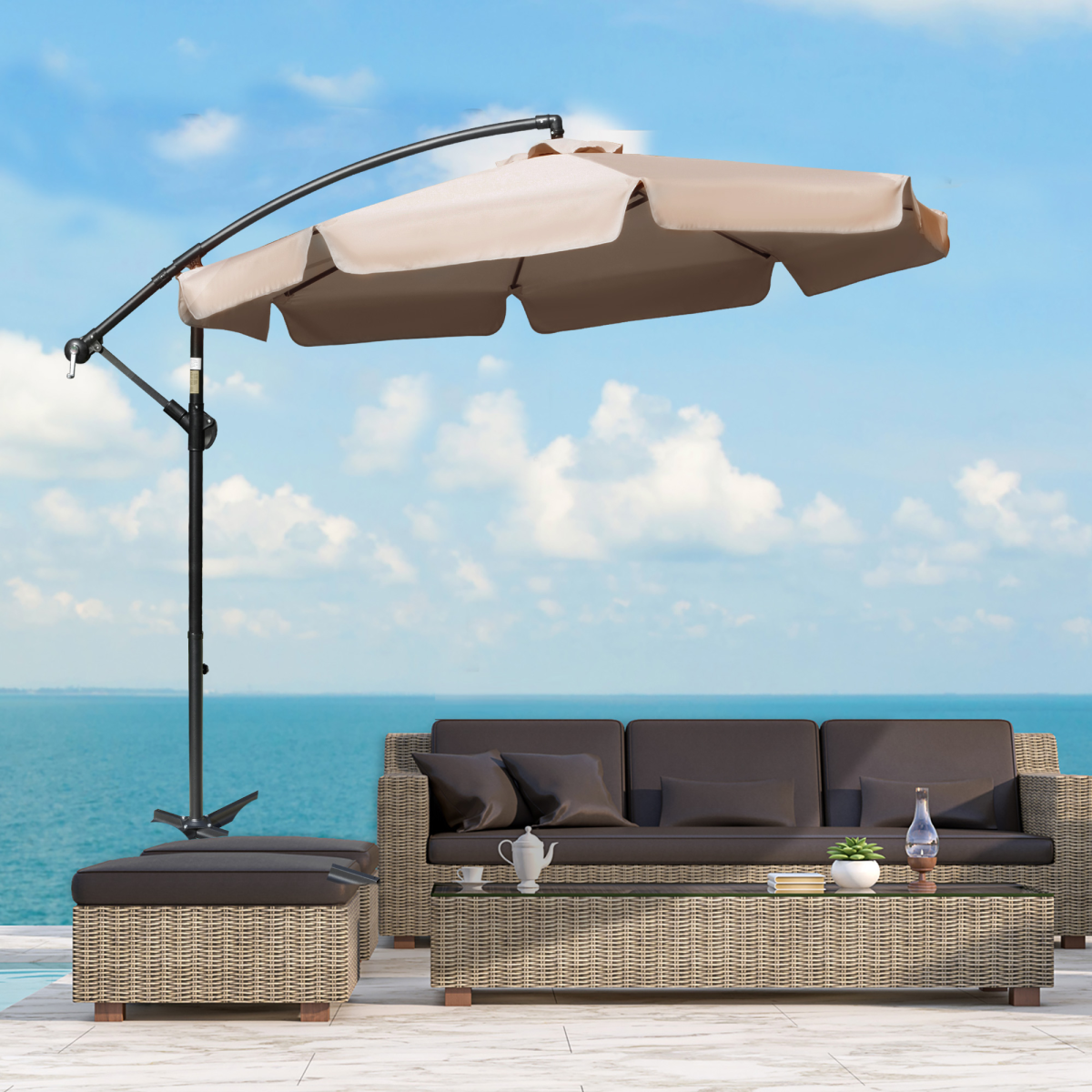 Outsunny Outsunny 2.7m Garden Cantilever Banana Parasol Sun Shade w/ Crank, Light Brown - Parasol