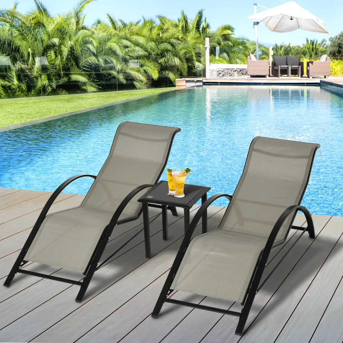 Unbranded 3 Pieces Lounge Chair Set Garden Sunbathing Chair w/ Table Grey Outsunny - Sun Lounger