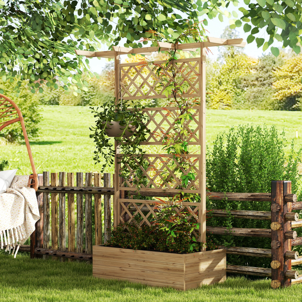 Outsunny trellis planter with back trellis climbers in natural fir wood, 60x40x80cm, for vegetables, herbs and flowers.