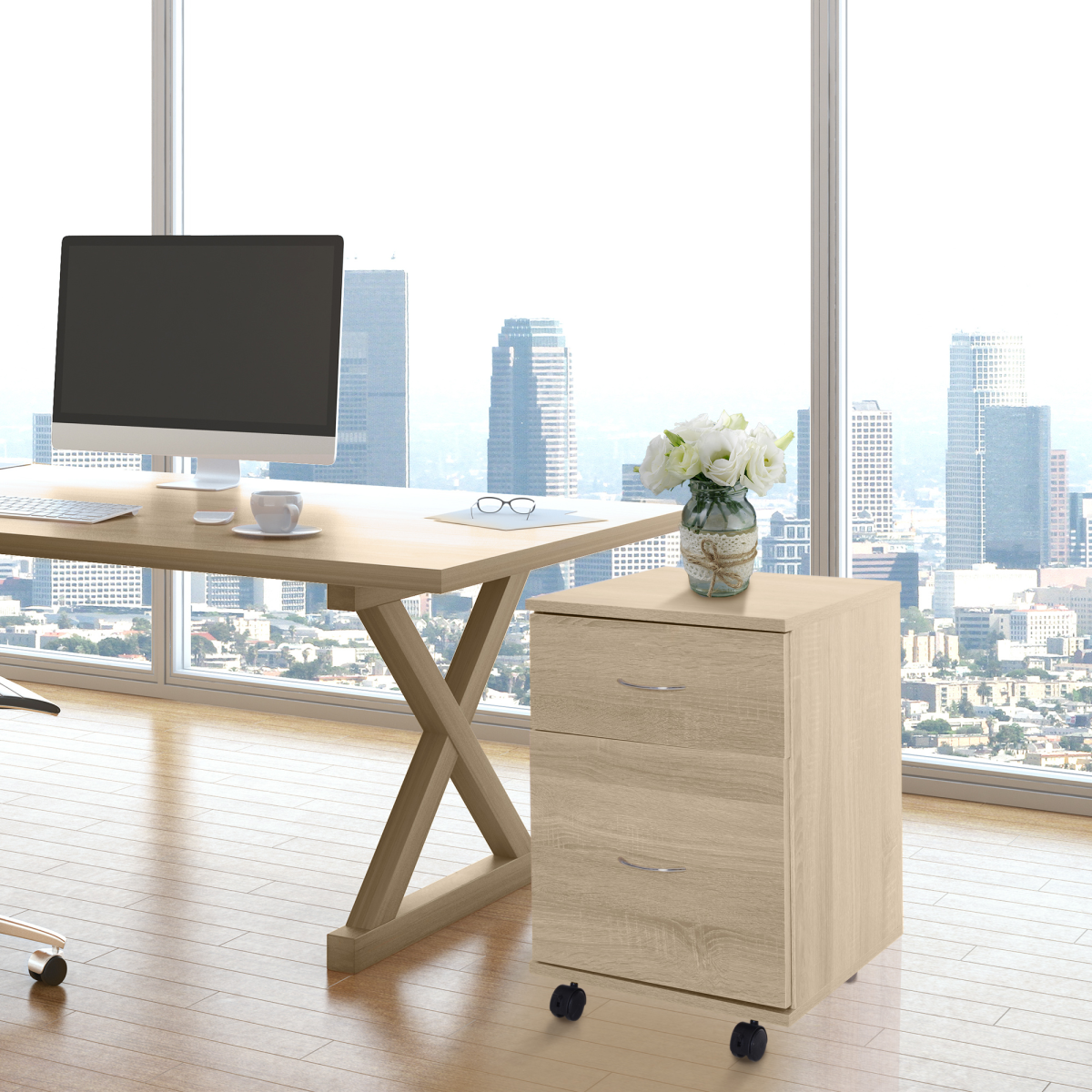 Premium Mobile File Cabinet Under Desk Height Oak Finish Two Drawer Office Pedestal