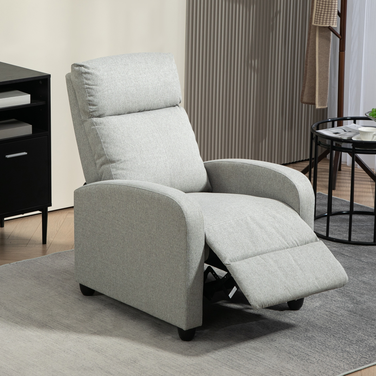 HOMCOM Linen Recliner Chair Standard Size Padded Reading light gray recliner with padded arms and footrest.