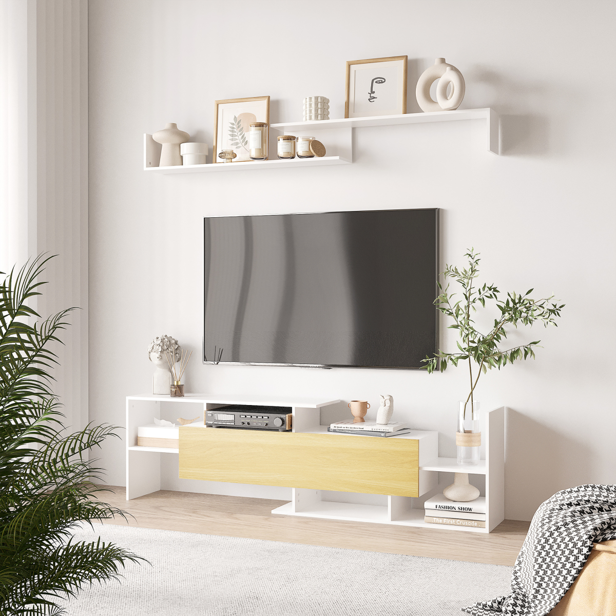 HOMCOM white two-piece TV cabinet with floating shelf, 65-inch TV-ready setup in a modern living room.