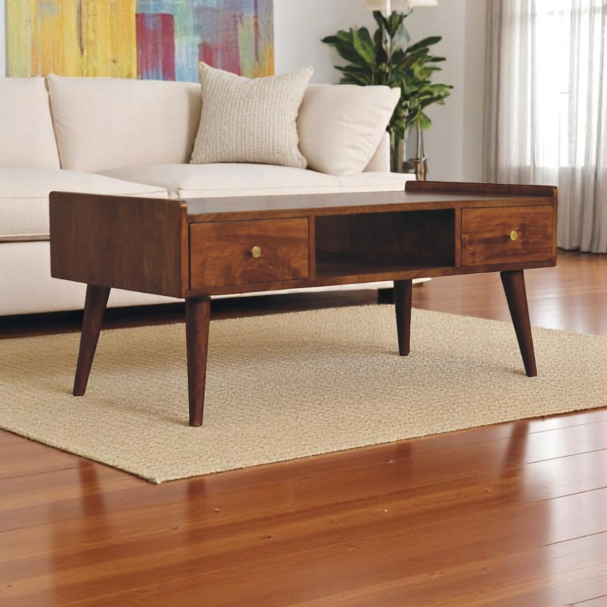 Artisan Media Unit: chestnut-finish mango wood TV console with raised edges, two drawers, central shelf.