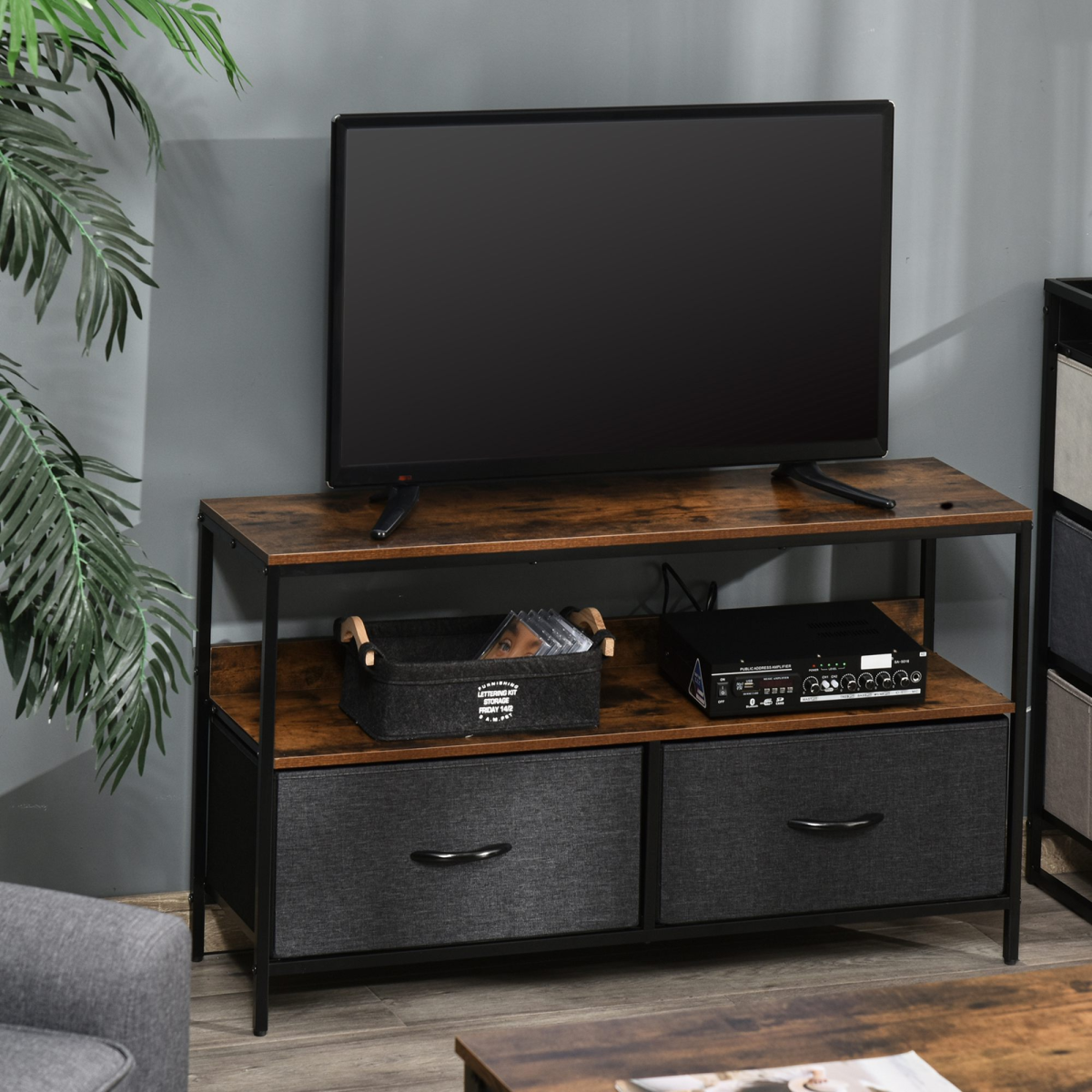 HOMCOM TV Console Wide Foldable Linen Drawers Living Room with wood-look top, open shelf, metal frame.