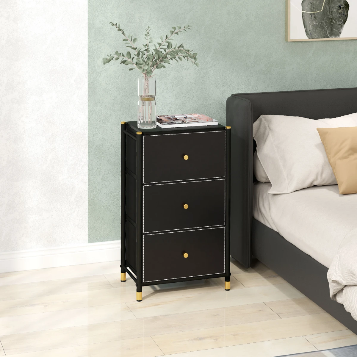 HOMCOM HOMCOM Three-Drawer Chest Faux Leather Fronts Gold Accents For Bedroom And Living Room - Chest of Drawers