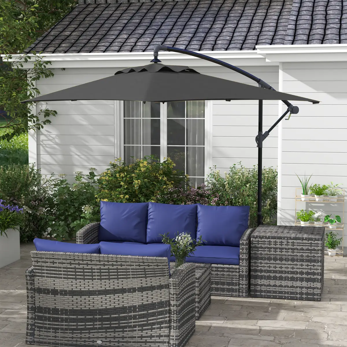 Outsunny Outsunny 3 m Cantilever Parasol with Cross Base, Crank Handle, 6 Ribs, Black - Parasol