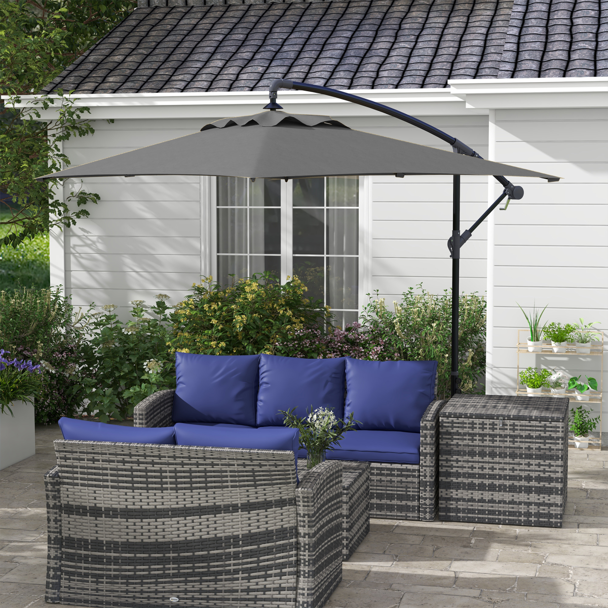 Outsunny Outsunny 3 m Cantilever Parasol with Cross Base, Crank Handle, 6 Ribs, Grey - Parasol