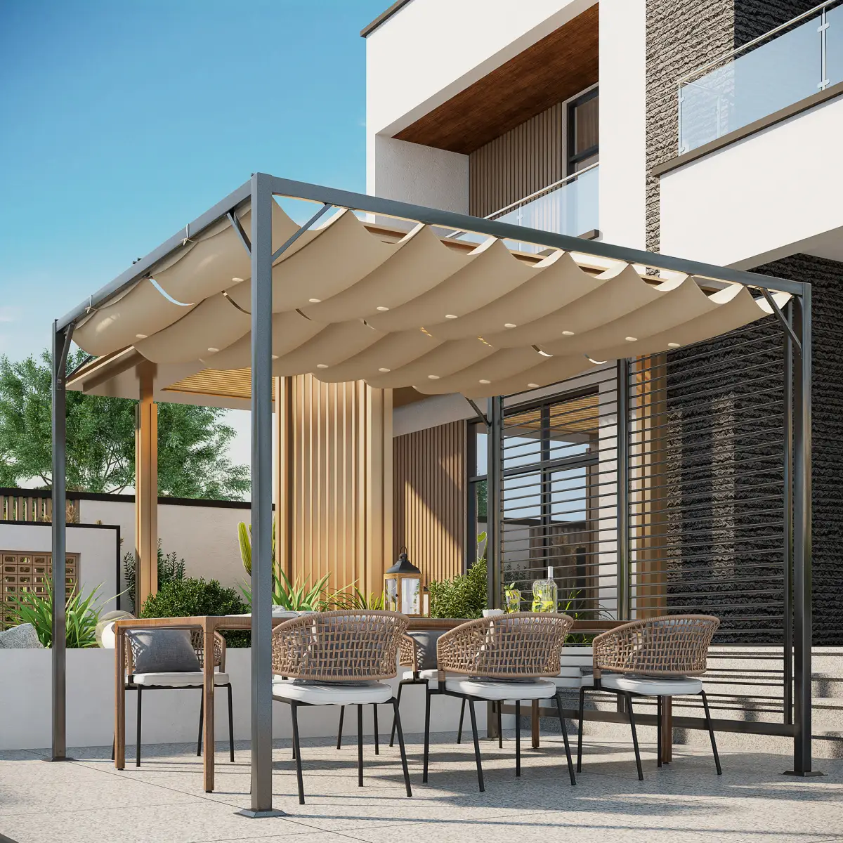 Outsunny Metal Pergola Patio Sun Shelter Grape Tent Retractable Canopy UV Cut - Gazebos