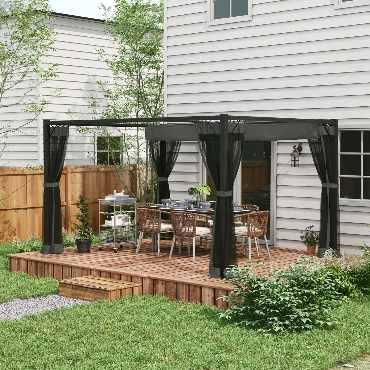 Outsunny Outsunny 3 x 4m Pergola with Retractable Roof and Netting, Dark Grey - Gazebos