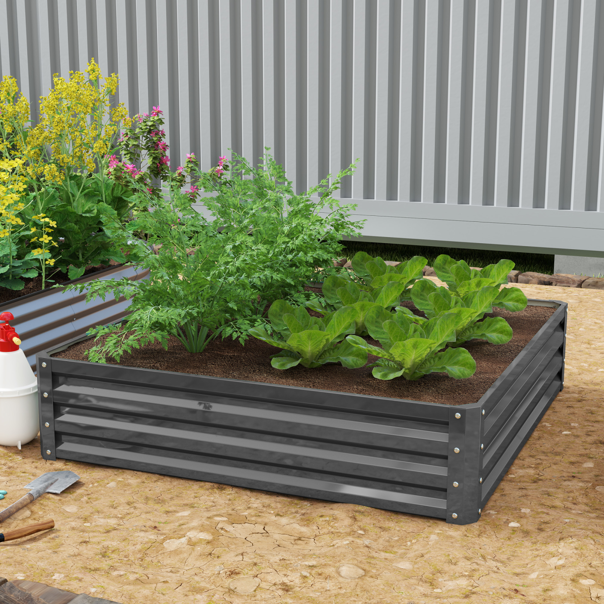 Outsunny 30cm galvanised steel raised garden bed with leafy greens and herbs.