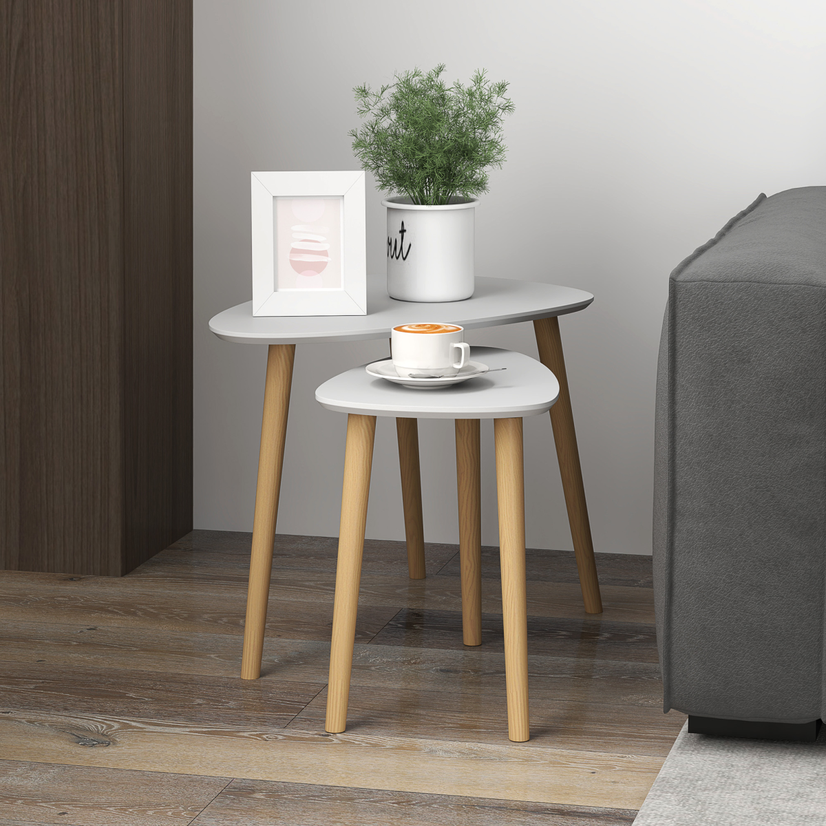 HOMCOM Nesting Side Tables Set Of 2 Two-Tier Modern Scandinavian Grey With Natural Wood Legs Living Room - HOMCOM - Home Symphony