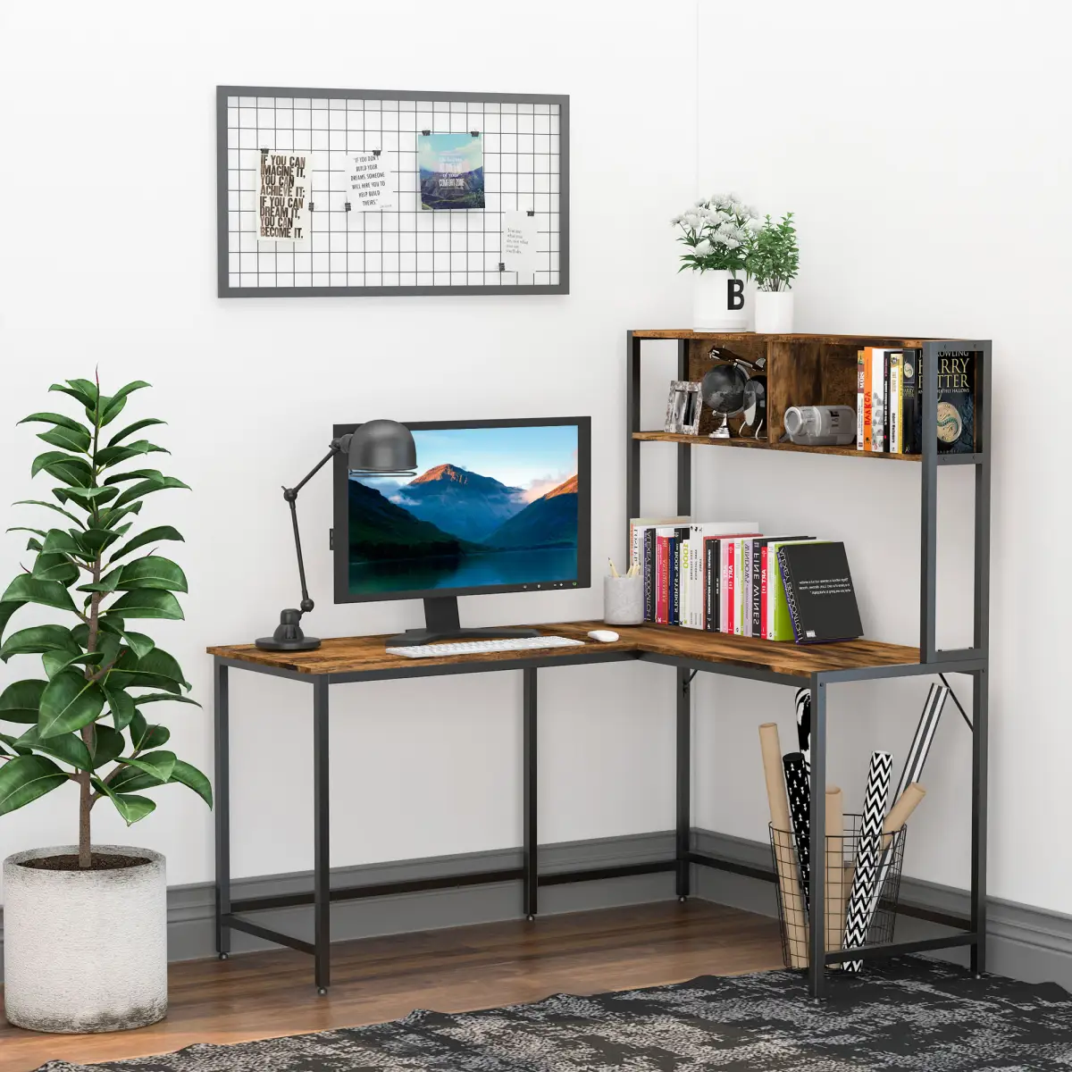 HOMCOM 149x140x125cm Industrial L-Shaped Desk w Shelf - Brown & Black - Desk