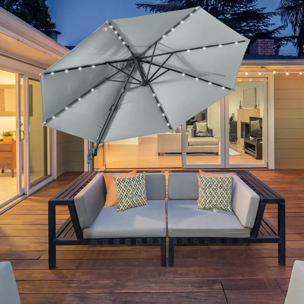 Outsunny 3m Cantilever Roma Parasol Patio Sun Umbrella with LED Solar Light, Grey - Parasol