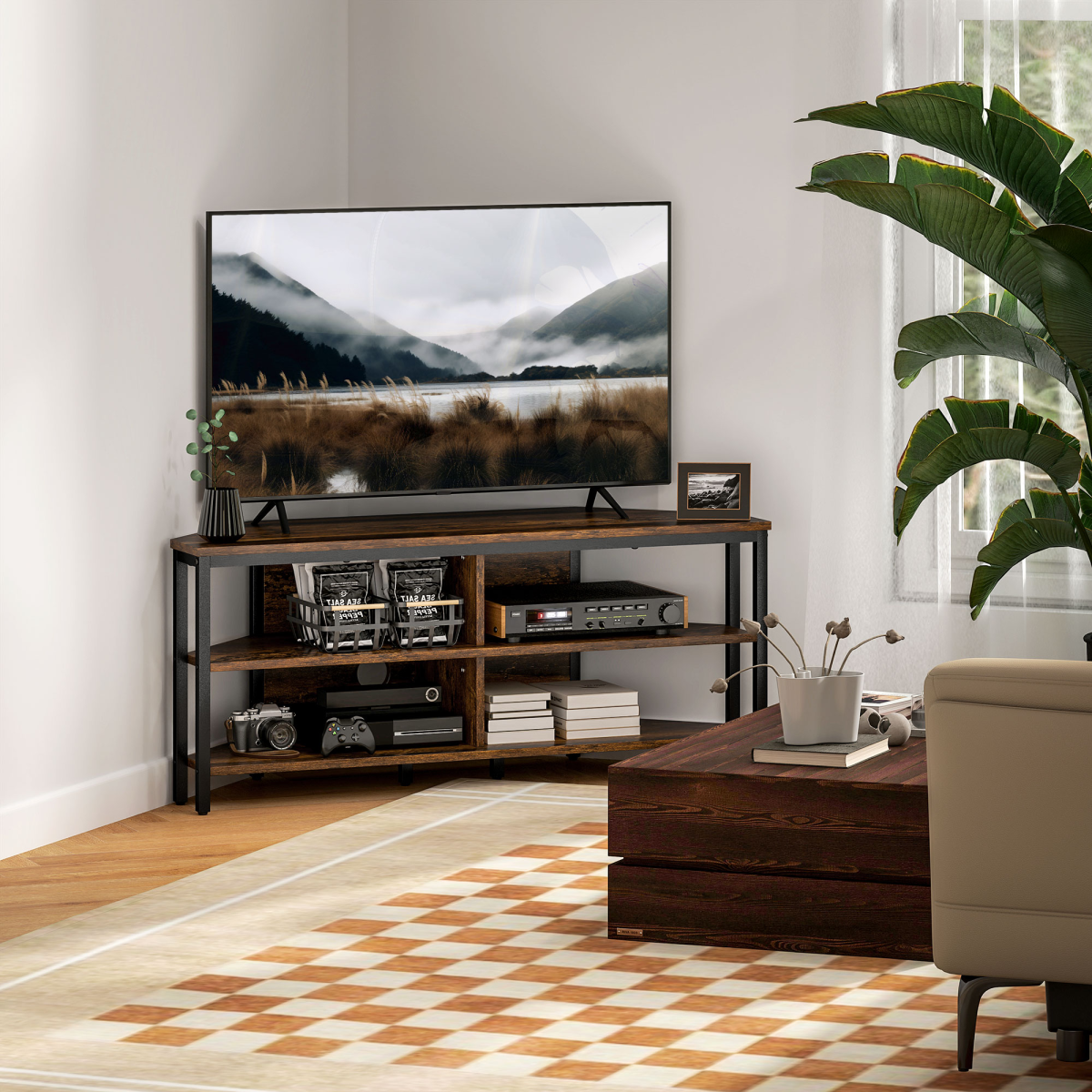 HOMCOM 50in corner TV stand in rustic brown with a metal frame and open shelves in a living room.