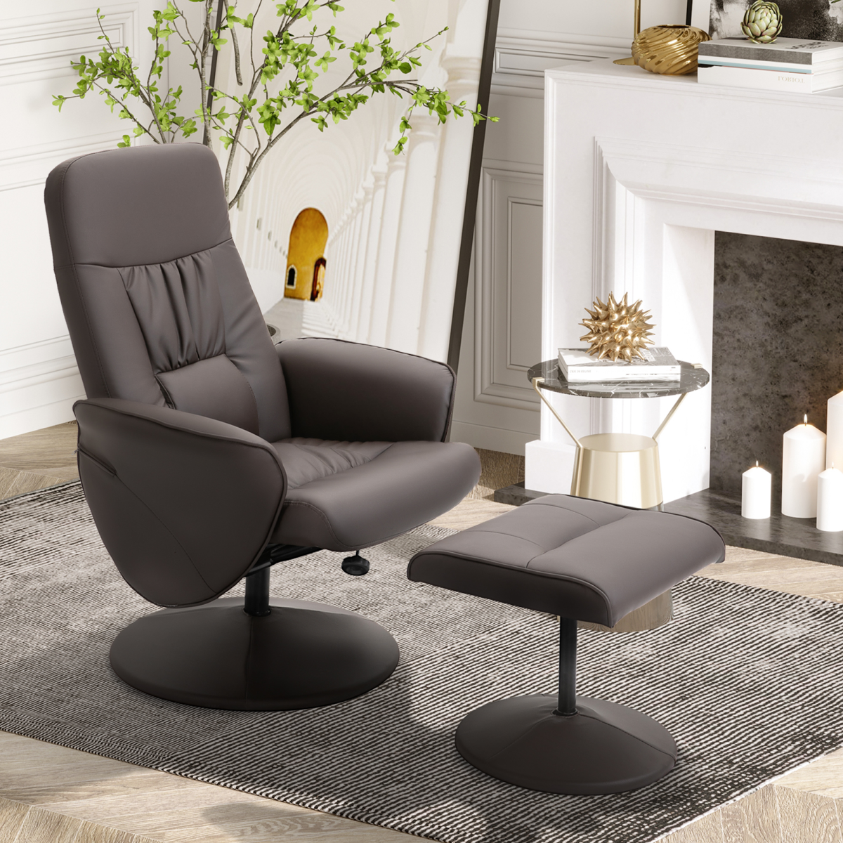 Home Symphony Premium Reclining Armchair Ottoman 2 Piece 360 Swivel Home in taupe faux leather