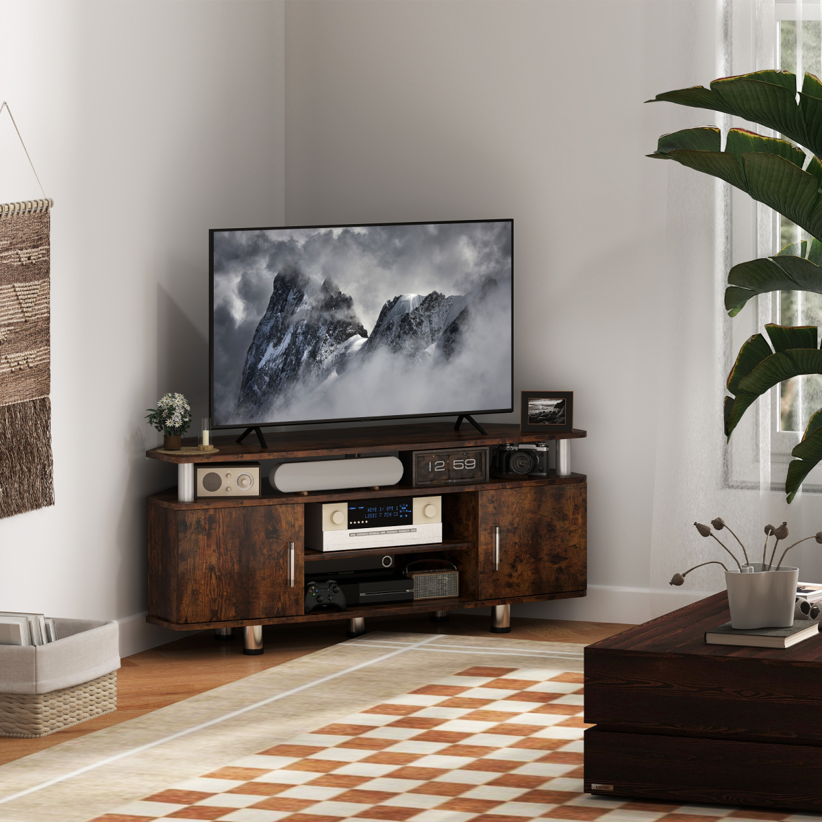 HOMCOM 120cm rustic brown TV unit with 120cm top shelf, two cupboards and two middle shelves, TV on top in living room.