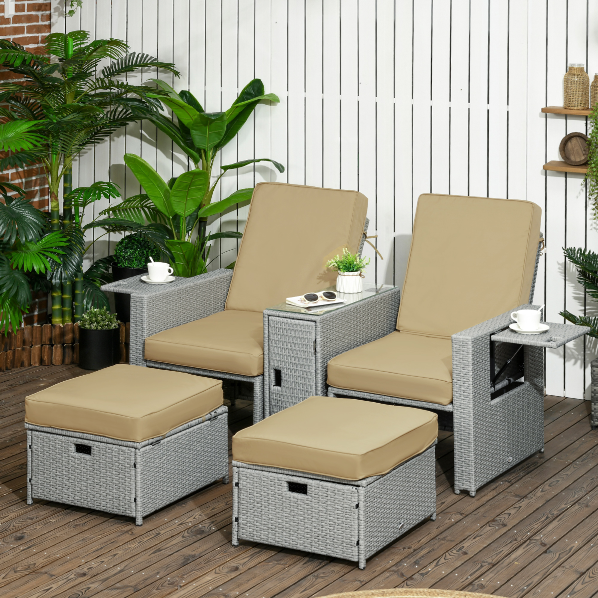 Premium Rattan Lounge Set 5-Piece With Beige Cushions For Outdoor Patio Use And Garden Parties - Outsunny - Home Symphony